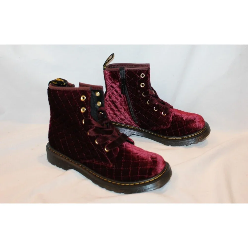 DR.‎ MARTENS YOUTH SZ 4 CHERRY RED QUILTED VELVET 1460 BOOTS NEW